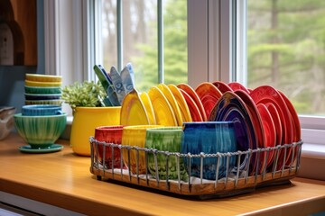 colorful dish rack with freshly washed dishes