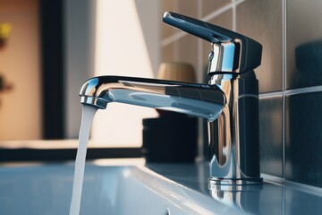 Close-up view of faucet from which water flows. Selective focus.