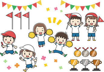 運動会を楽しむ子供達のイラストセット