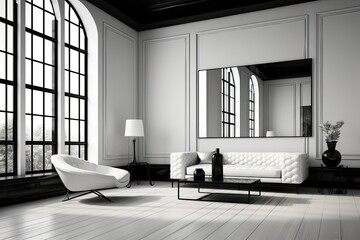 Minimalistic interior design of a monochrome room with black and white furniture, bright walls, and large windows.