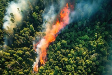 Fototapeta premium aerial shot of fire dividing lush green forest
