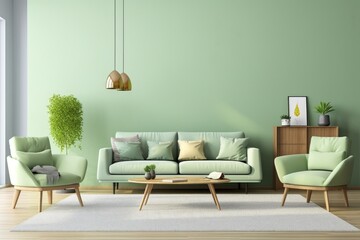 Mint living room with a modern interior and furniture design, including an empty painted wall, a pastel green olive sofa, and luxury premium lounge area .