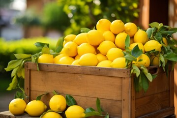 Ripe yellow lemons in the wooden box. Close-up, Italian vibes