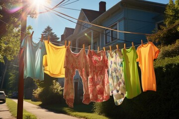 sunlit clothesline with colorful garments