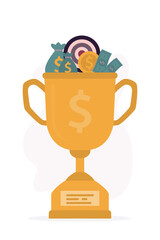 Winner's golden cup with cash prize. Award for winning competition. Money as a reward for achieving business goals and objectives.