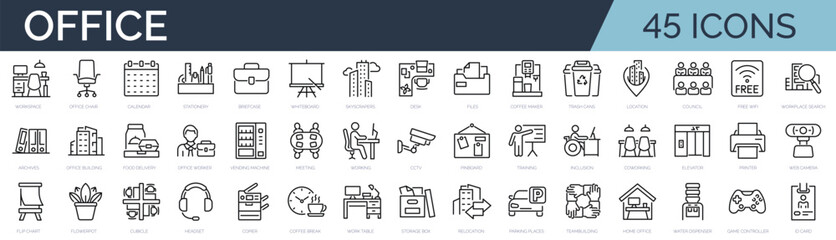 Fototapeta na wymiar Set of 45 outline icons related to office, workspace, coworking. Linear icon collection. Editable stroke. Vector illustration