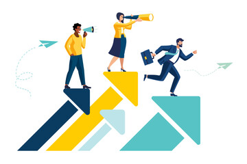 Teamwork vision path goal success. Study horizons company work finding ways develop. People stand profit, growth arrows look binoculars, big telescope spyglass in search new ideas vector illustration - obrazy, fototapety, plakaty