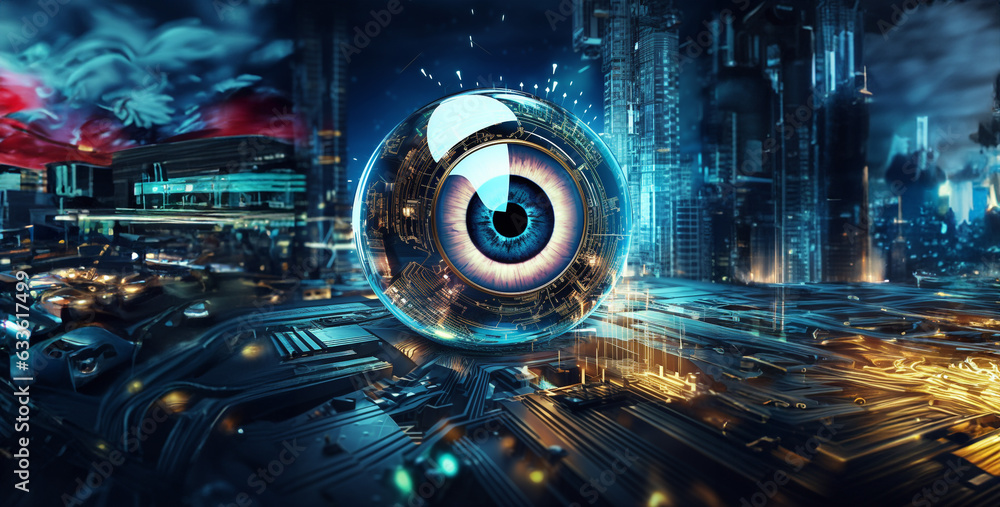 Poster surreal eye with cybernetic background style. generative ai content