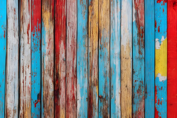 Texture of vintage wood boards with cracked paint of white, red, yellow and blue color, with copy space.  Vertical retro background with wooden planks. AI generated image.