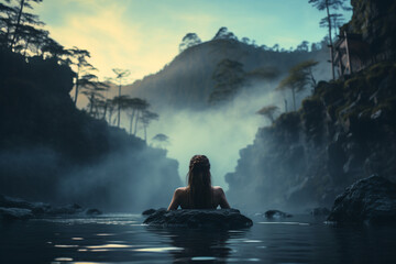 person meditating in a secluded hot spring, with mist rising from the water, capturing a moment of deep tranquility 