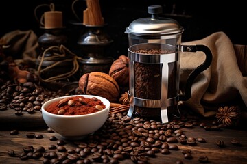 close-up of coffee beans and french press