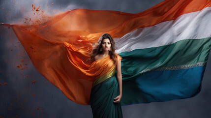 Indian bautiful girl wrapped in indian waving cloth on dark background\ - obrazy, fototapety, plakaty