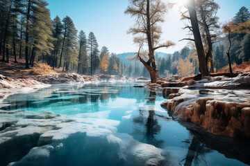 tranquil shot of a hot spring's surface reflecting the surrounding trees and the clear blue sky above 
