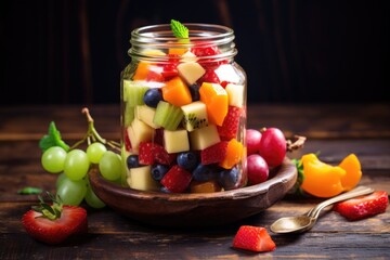 fruit salad in a mason jar with a rustic background