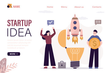 Co-founders rejoice at successful launch of business startup, landing page template. Businessman investor with money, rocket takes off from open lightbulb.