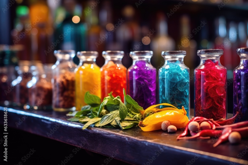 Sticker close-up of colorful cocktail ingredients on a bar counter