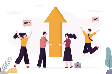 Business people holds big arrow. Teamwork, successful deal or agreement give big profit. Group of investors making money. Strategy to win big earning and profit or business challenge,