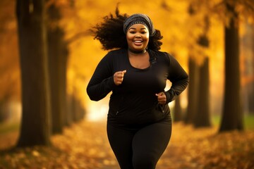 Activities for Happy Fall, Improve Yourself, Ways To Be Happy And Healthy autumn. Black african american woman running in autumn park