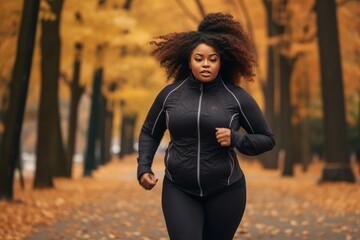 Activities for Happy Fall, Improve Yourself, Ways To Be Happy And Healthy autumn. Black african american woman running in autumn park