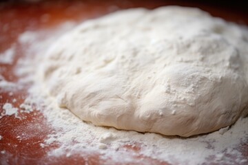 Fototapeta na wymiar close-up of freshly kneaded pizza dough on floured surface