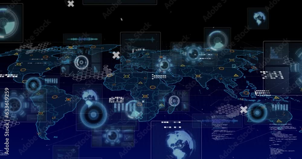 Poster animation of radar, arc reactors, loading circles, computer language, circuit board pattern on map