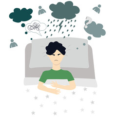 Upset sick man lying in bed and thinking about his problems, pain, unresolved issue. The concept of making a difficult decision. Flat illustration. 