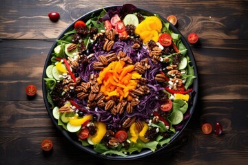 a bright, overhead shot of a salad with nuts and dried fruits