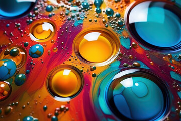 Iridescent liquid acrylic with bubbles surface. 3d background. Abstract futuristic background. Fluid neon backdrop. Ultraviolet viscous substance. Generative Ai