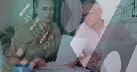 Animation of infographic interface over senior caucasian couple analyzing expenses - Powered by Adobe