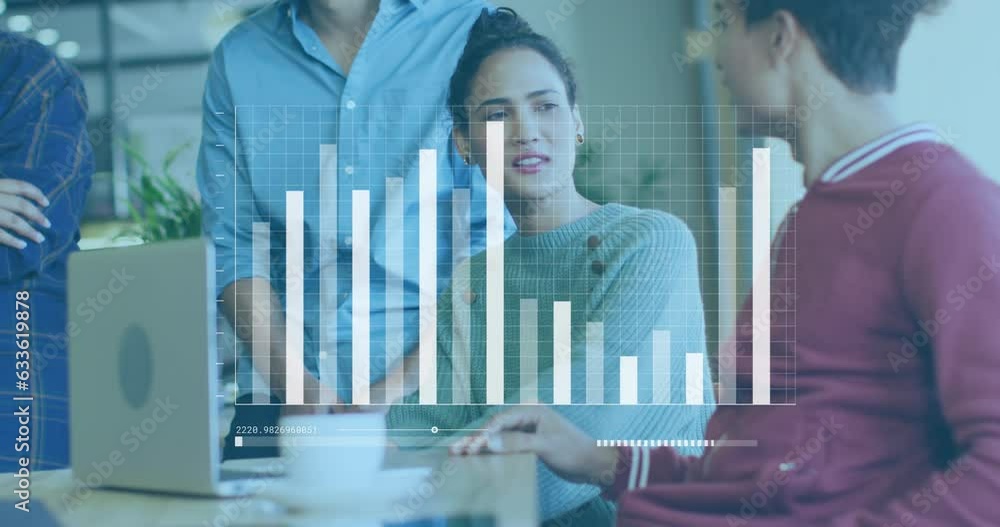 Poster Animation of graph and loading bars over diverse coworkers discussing reports in office
