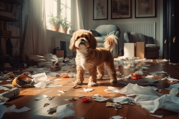 Dog being naughty make mess in  apartment, boredom and loneliness. House destroyed by dog left alone. Generative AI - 633620007