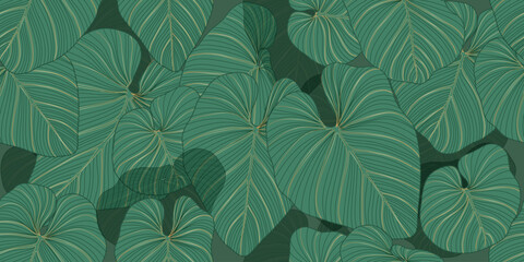 Luxury tropical leaf background vector. Floral pattern, Golden split-leaf Philodendron plant line arts, Vector illustration