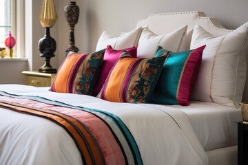 bed with white linens and colorful throw pillows