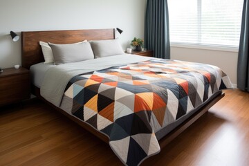 making a bed with a modern geometric bedspread - obrazy, fototapety, plakaty