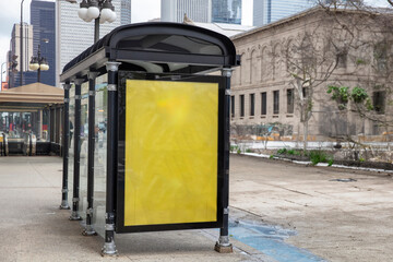 Blank yellow outdoors billboard mockup for advertising, USA urban bus stop. Ad template. Copy space