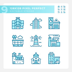 Pixel perfect blue icons representing various architecture, editable thin line illustration.