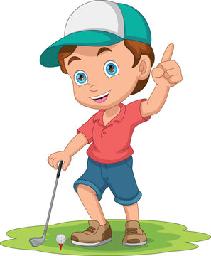 cartoon cute little boy playing golf