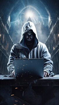 Hacker typing on laptop anonymous concept. Generative AI
