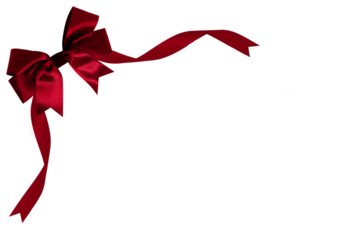red ribbon with red bow on top left corner, transparent and white background, PNG image.