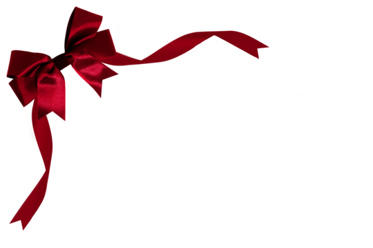 red ribbon with red bow on top left corner, transparent and white background, PNG image.