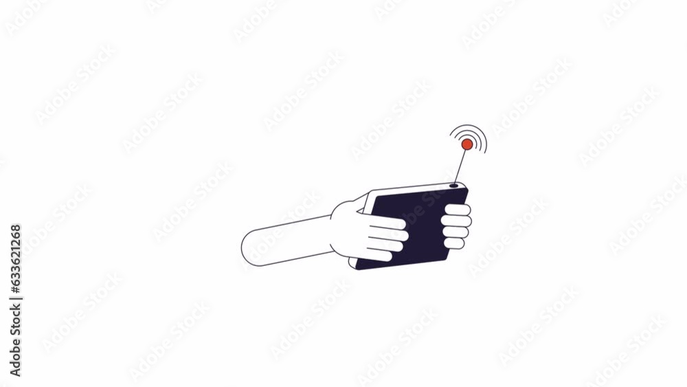 Poster clicking remote control device line 2d character hands animation. holding controller antenna flat co