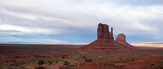 Monument Valley red stone panoramic view, Navajo Tribal Park, USA, Utah, Arizona. Copy space, banner