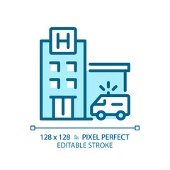 2D pixel perfect editable blue hospital icon, isolated vector, building thin line illustration.