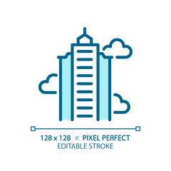 2D pixel perfect editable blue skyscraper icon, isolated vector, building thin line illustration.