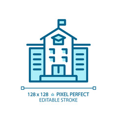 2D pixel perfect editable blue school icon, isolated vector, building thin line illustration.