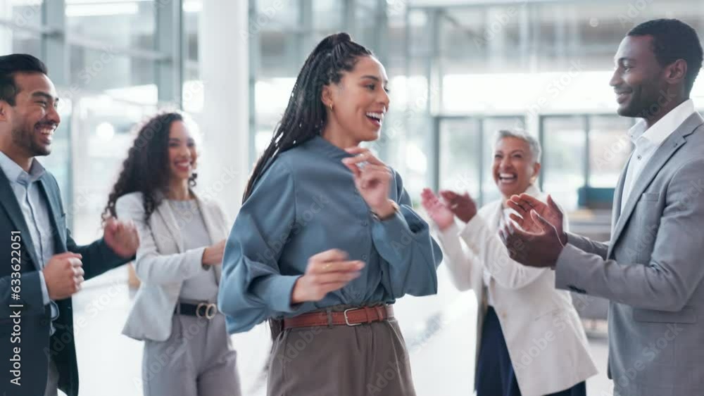 Canvas Prints Business people, dance and celebrate for teamwork success, happy achievement and winning in office. Excited professional winner, women and men with manager clapping, motivation and team building