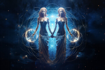 Fototapeta na wymiar Enchanting Gemini Zodiac Sign with Celestial Glow in Cosmic Realm