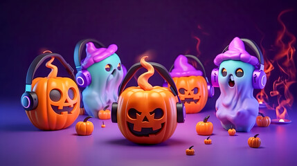 Fototapeta premium Illustration of fairy pumpkins and ghosts in headphones. Halloween concept