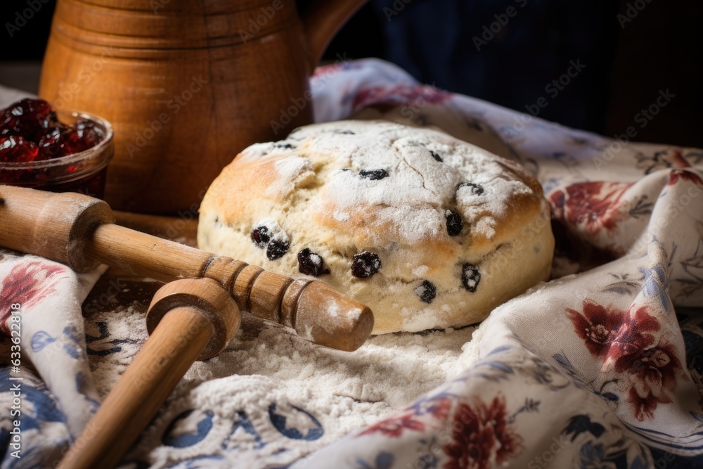 Sticker close-up of scone dough with rolling pin