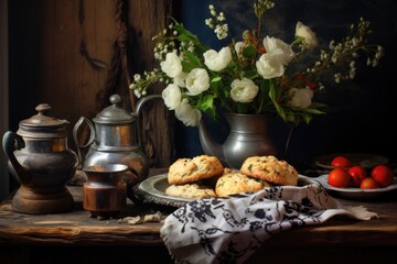 Obraz na płótnie Canvas rustic table setting with scones and tea